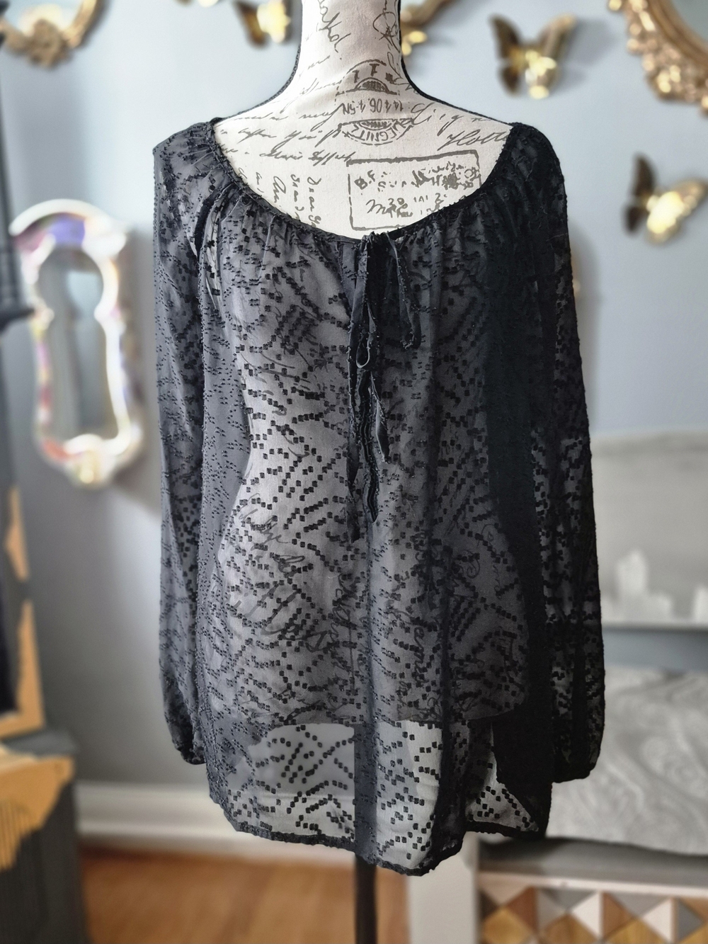 Vintage Jessica Simpson Whimsigoth Black Sheer Peasant Blouse Large